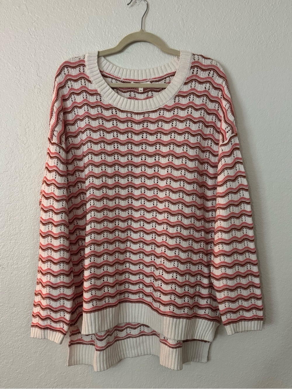 Maurices Cream Sweater with Coral Wave Stripes